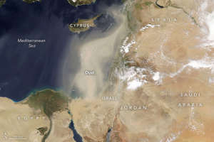 Dust over the Middle East on April 24, 2022, observed from a NASA satellite. The new study shows that, despite dust prevalence, high concentrations of microscopic particles from combustion sources in the Middle East are significantly more health-hazardous than the larger-size desert dust particles, as the small ones penetrate deeply into the airways. 