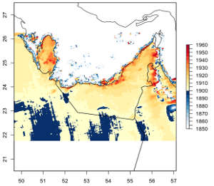 خريطة مشفرة
بالألوان، توضح معدلات تركيز غاز الميثان بالجزء لكل مليار وحدة (كما هو موضح
بالمقياس على اليمين) في جنوب شرق شبه الجزيرة العربية.