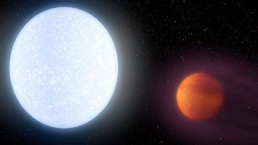A型星であるKELT-9（左）とその近傍を周回する巨大ガス惑星KELT-9b（右）の想像図。
