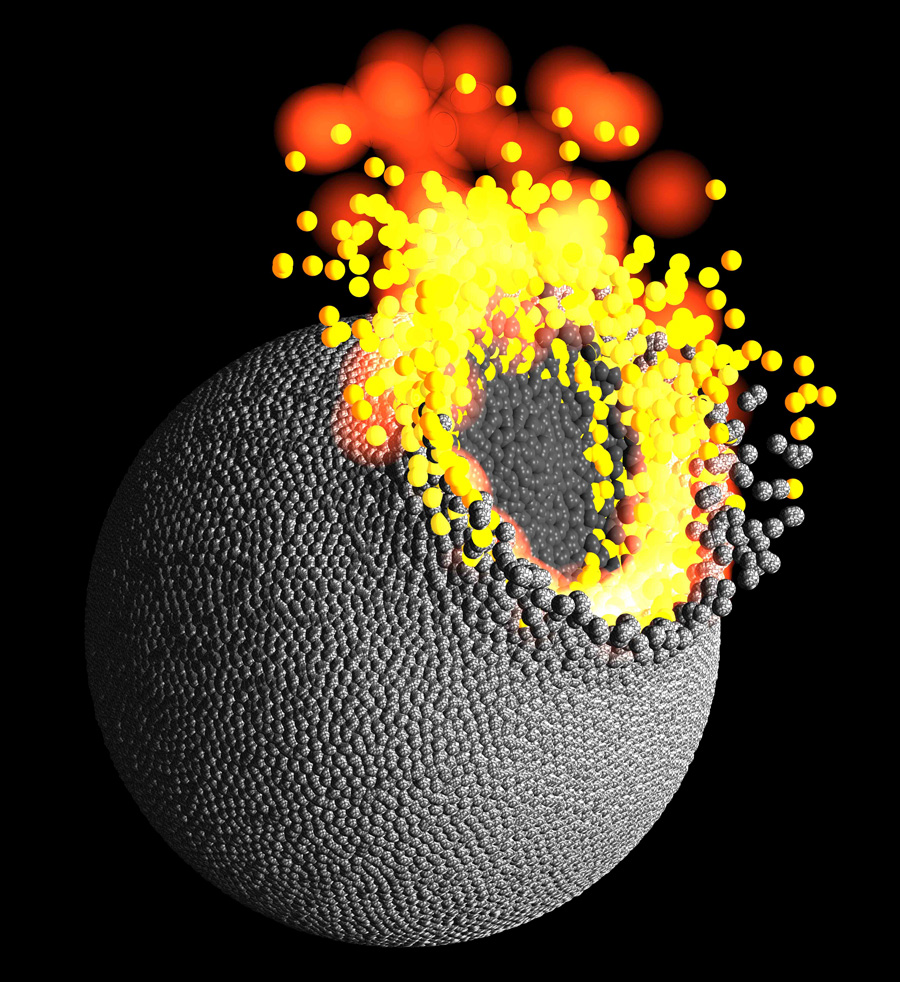 天体衝突のコンピューターシミュレーション画像。衝突天体（衝突領域中心部の暗灰色）が標的天体（明灰色）へと集積する際、衝突領域内の岩石の一部は溶融（黄色～白色）または蒸発（赤色）する。