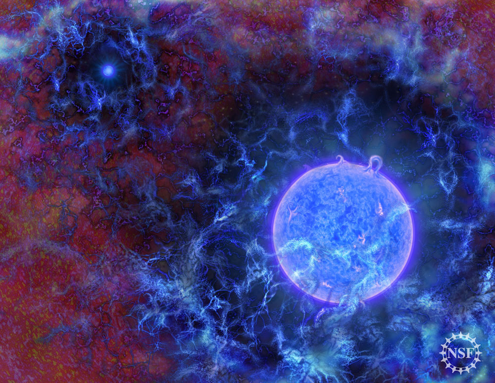 初期宇宙における第一世代の星々の想像図。
