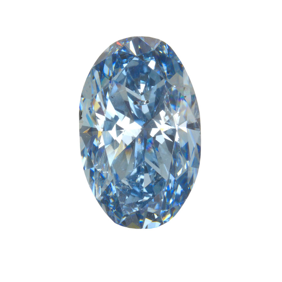 今回検討された鉱物含有物を有する、ホウ素を含む青いダイヤモンド（この宝石は3.8カラット、長さ1.2 cm）。
