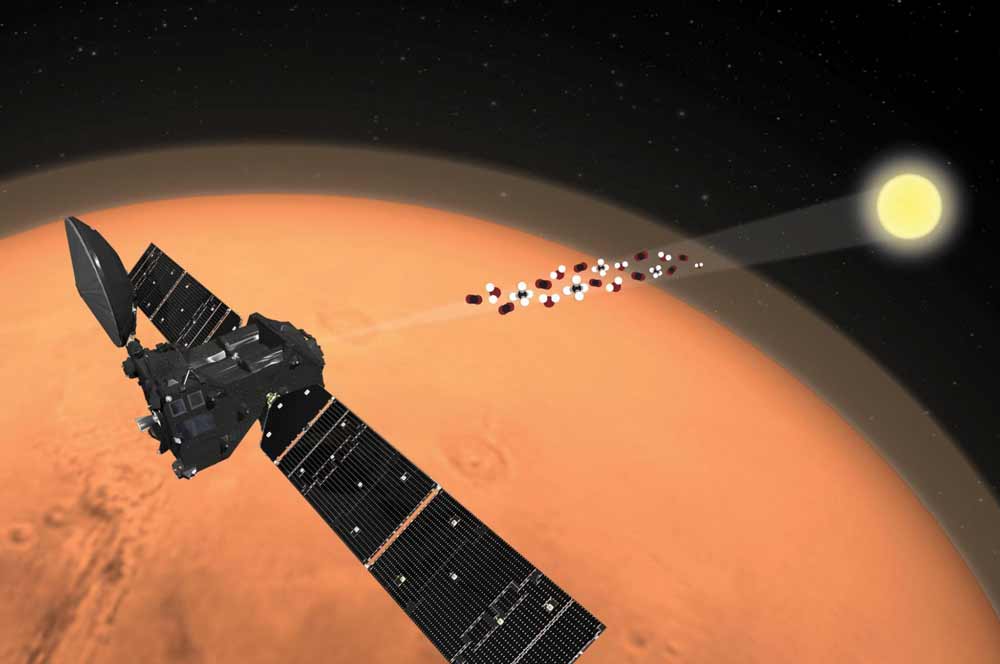 火星大気を分析するトレース・ガス・オービター（想像図）。