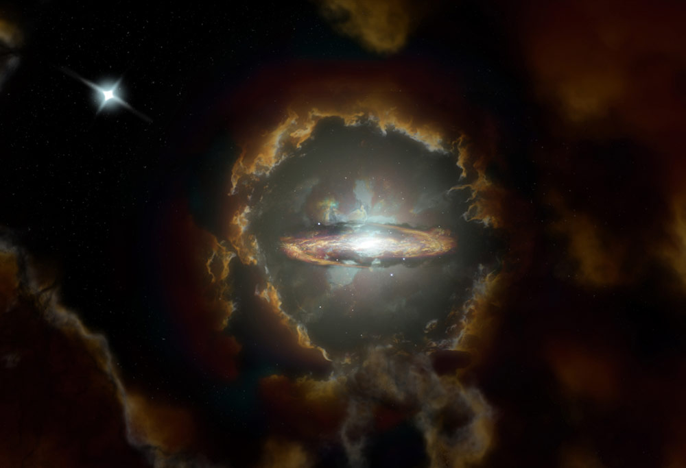 塵に富んだ初期宇宙で見つかった、大質量の回転している円盤銀河Wolfe Diskの想像図。この銀河は最初、より遠方に位置するクエーサー（左上）の光を調べていたときに発見された。