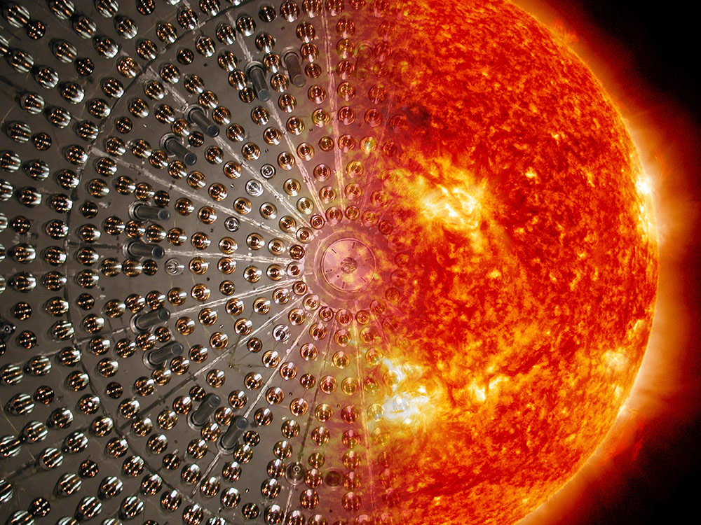 太陽（右）のCNOサイクルで放出されたニュートリノをBorexino検出器（左）で捉えたことを表現したイメージ画像。