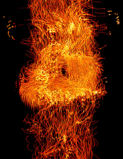 それぞれ数千の転がるコロイド粒子からなる2つの「群れ」が衝突する様子（重ね合わせ画像）。