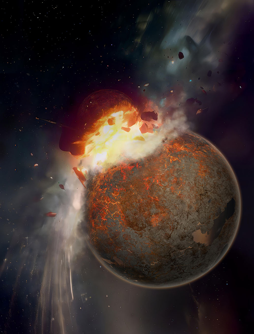 約45億年前に起きたとされる、原始惑星テイアと原始地球の衝突の想像図。