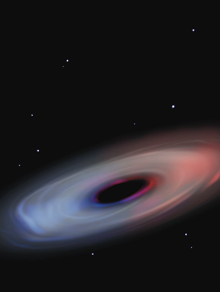 「小さな赤い点」と呼ばれる天体の1つであるAbell 2744−QSO1のブラックホールを取り巻くガスの想像図。