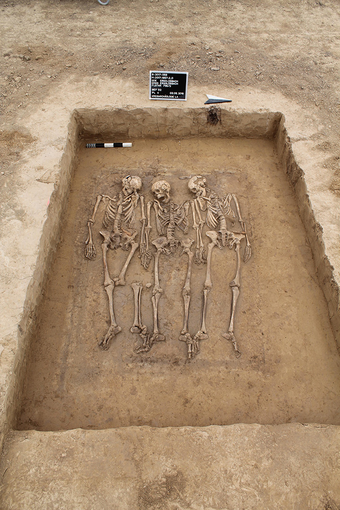 ドイツ南部の遺跡で発見された1300年前の人骨。DNA研究の結果、この3体は兄弟であることが分かった。