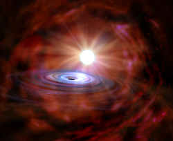 星雲中のブラックホール/ウォルフ・ライエ星連星（BH/WR）の想像図。