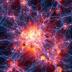 シミュレートされた宇宙の中心部で形成された大規模銀河団と暗黒物質ハロー。