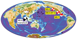 M 8.6を記録した2012年4月11日の東インド洋地震では、そのわずか24時間以内に、北米西海岸沖でM 6.0以上の地震が4つも発生した。