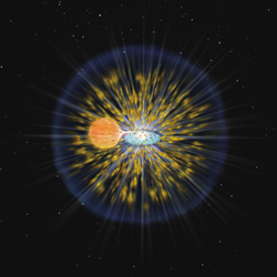 白色矮星（中央）と太陽のような主系列星もしくはそこから進化した赤色巨星（中央左）からなる近接連星系で起こると考えれる古典新星爆発（イメージ画像）。