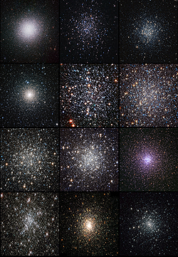 力学的年齢の順に並べた12の球状星団（左上から順にケンタウルス座ω星団、NGC 288、M55、NGC 6388、M4、M13、M10、M5、きょしちょう座47、NGC 6752、M80、M30）。
