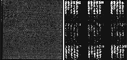 ナノフォトニックフェーズドアレイの放射面（左）と像面（右）。像面には「MIT」のロゴが投影されている。