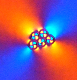 液晶中のコロイド粒子間に生じる相互作用をとらえた偏光光学顕微鏡写真。