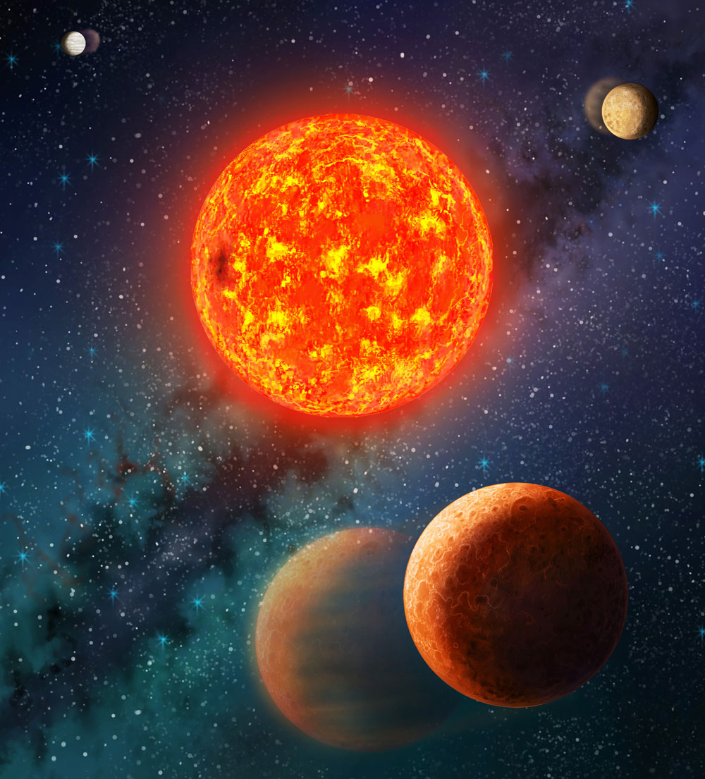 Kepler-138とそれを周回する3つの惑星（想像図）。今回、地球より小さいことが判明した内側の惑星Kepler-138 bは画面手前に描かれている。