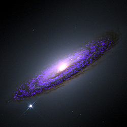 ハッブル宇宙望遠鏡によるNGC 4526の画像に、ミリ波干渉計CARMAで観測した分子ガスのデータを重ね合わせたもの。