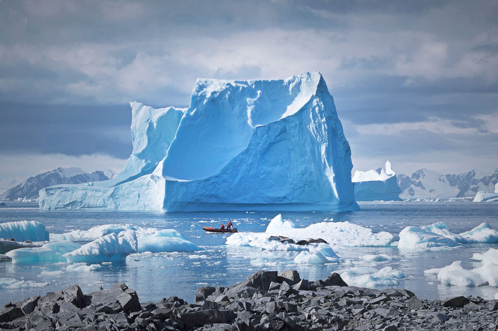 南極半島のアデレード島付近に接岸した大小の氷山。この地域は南極大陸でも特に急速に温暖化が進んでいる。
