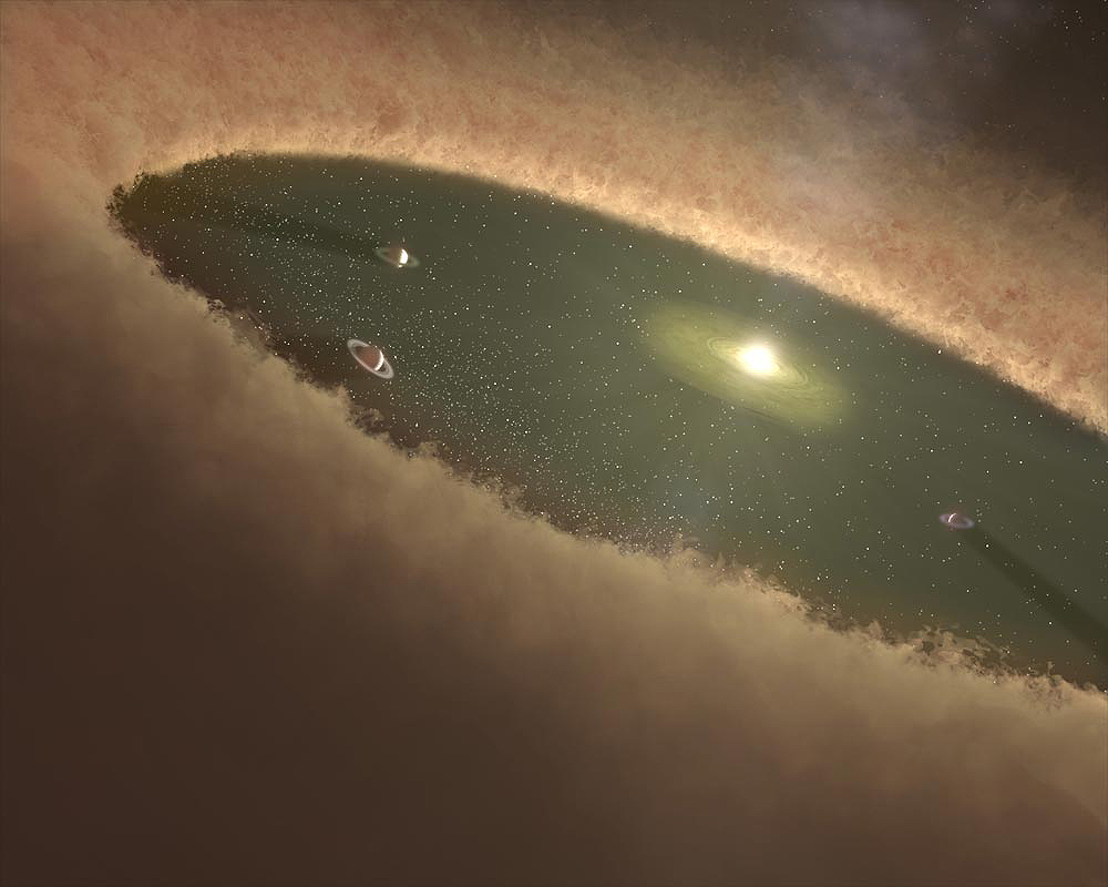 LkCa 15系に代表される原始惑星円盤（想像図）。内側の何もない領域は、形成中の惑星が、通常は恒星に降着するはずのガスや塵を降着することによって生じていると考えられる。