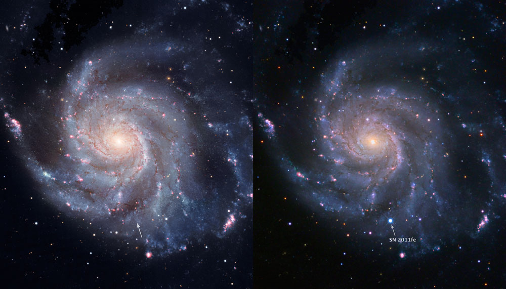 左：ハッブル宇宙望遠鏡が撮影した超新星爆発前の回転花火銀河、右：同銀河内の最大光度時の超新星2011fe（観測データを反映させた合成画像）。