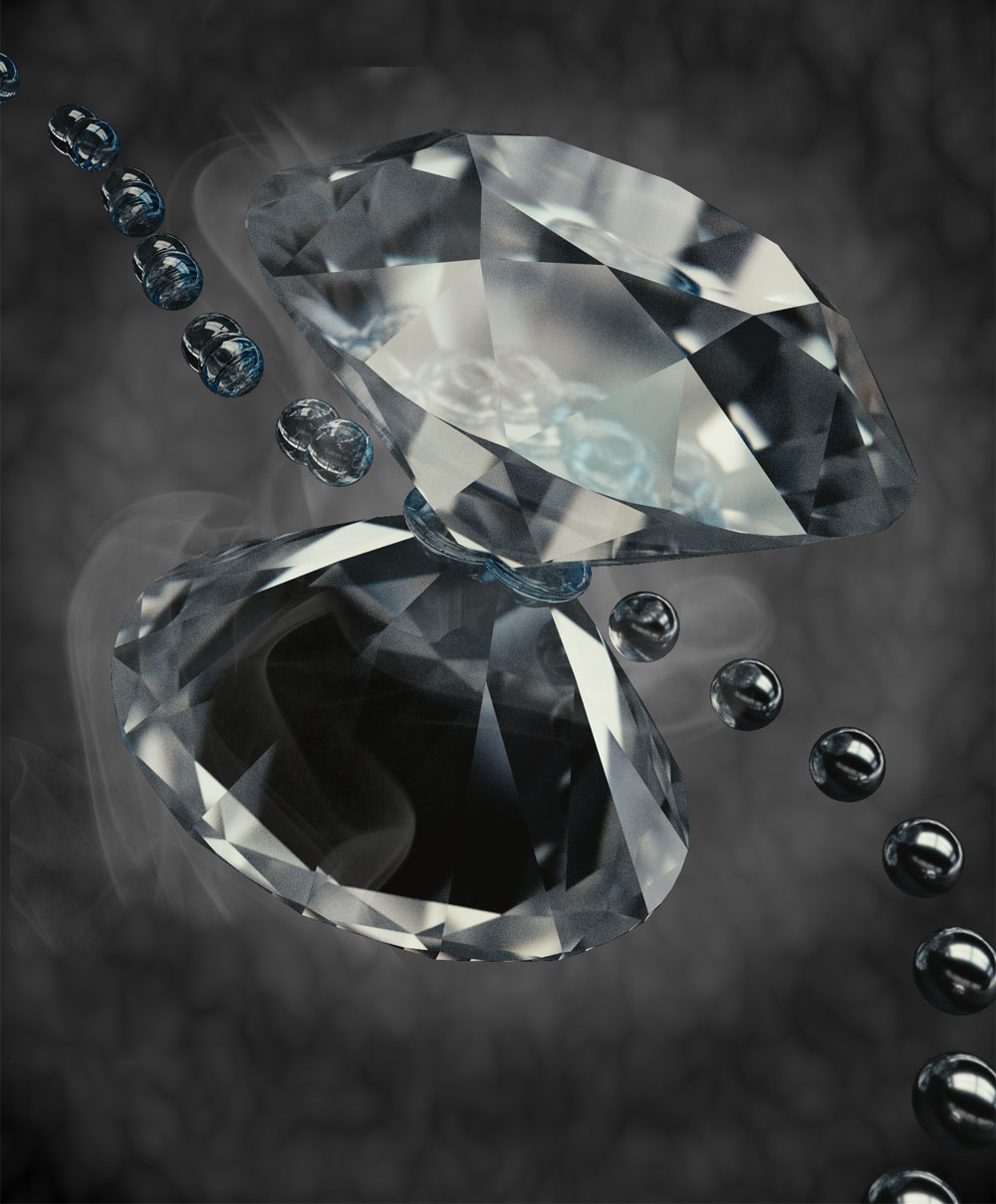 1対のダイヤモンド単結晶からなる対向アンビル装置を用いた、水素分子の圧縮（イメージ画像）。誘電性の分子状態（左上）が加圧によって金属原子状態（右下）へと変態する。