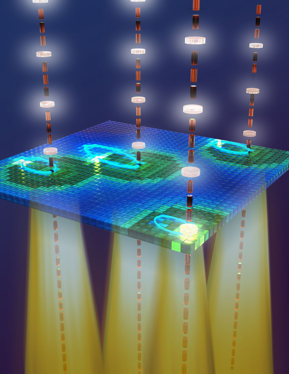 電子-正孔再衝突のイメージ図。タイル構造は半導体量子井戸を、褐色のロッドおよび黄色の円錐はそれぞれ近赤外放射とテラヘルツ放射を表す。