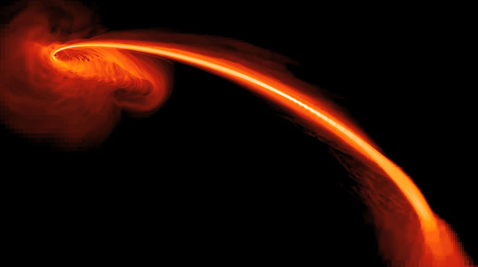 ブラックホールの周辺で発生するフレアのシミュレーション画像。