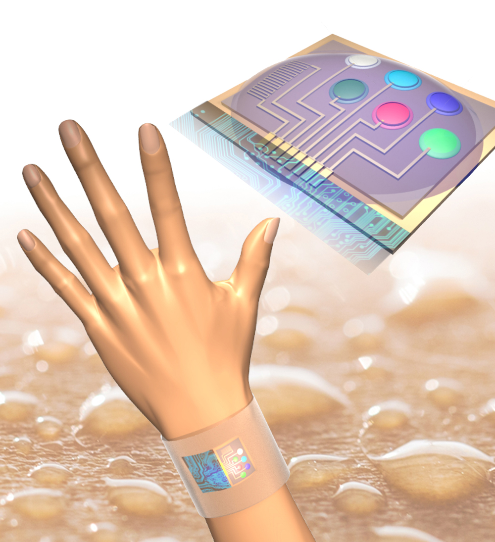 装着するだけで、皮膚温と、汗に含まれる代謝産物や電解質を同時測定することのできる完全一体型のフレキシブルな汗分析システム(イメージ画像)。