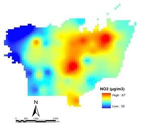 
A graph showing the average distribution of nitrogen dioxide over Beirut. Areas in brown have the highest values.
