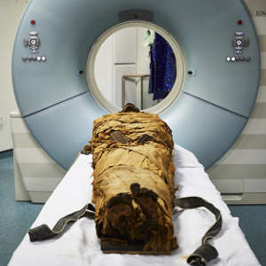 The mummified body of Nesyamun prepared for a CT scan at Leeds General Infirmary, UK.