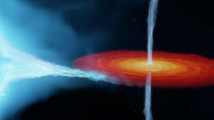 تصوّر فني للنظام النجمي «الدجاجة إكس-1» الذي يبعد عن الأرض بمسافة 7,200 سنة ضوئية، حيث يظهر الثقب الأسود يجتذب مادة منبعثة من نجمه المرافق.