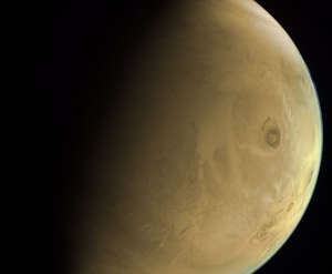 A view of Mars captured by the EXI instrument on the Hope probe, showing Olympus Mons.
