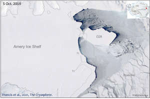 Satellite view of the calving event that led to the release of iceberg D28 from the Amery Ice Shelf in September 2019.