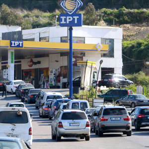 Vehicles queue for fuel at a gas station in the village of Msayleh, Lebanon March 16, 2021.