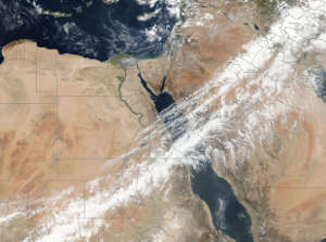 Satellite image of an atmospheric river over the Middle East, captured by Suomi NPP / VIIRS on April 15, 2017.