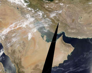 Moderate Resolution Imaging Spectroradiometer (MODIS) satellite images of dust plumes over the Eastern Arabian Peninsula and the Arabian Gulf.