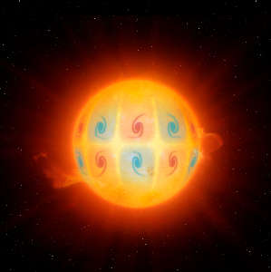 An artistic impression of the high-frequency retrograde vorticity waves. These waves appear as swirling motions near the Sun's equator. The rotation in the north is always anti-symmetric to the rotation in the southern hemisphere. These waves move in the opposite direction to the Sun's rotation, three times faster than what is allowed by hydrodynamics alone.