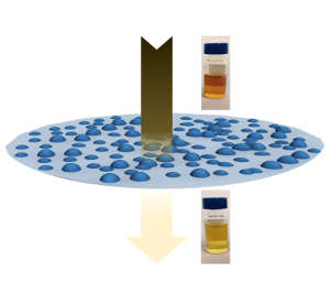 Photos of oil before and after separation with schematic representing the membrane structure.