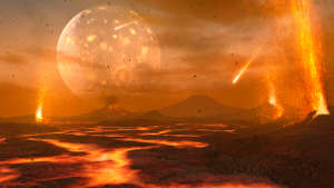The Earth-sized planet LP791-18d orbits a small M dwarf star and probably experiences strong volcanic conditions due to a larger neighbouring planet (image is artwork of the primordial Earth - stock illustration).
