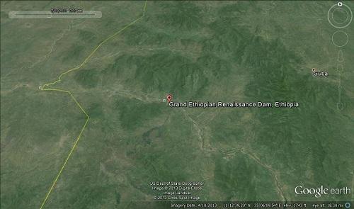 
A Google Earth map showing the location where the Grand Ethiopian Renaissance Dam will be built in the Ethiopian Highlands.
