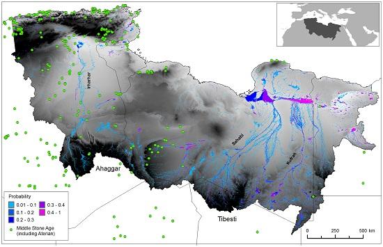 
A simulated map showing the annual probability of surface water, along with the locations of archaeological sites found.
