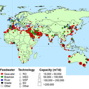 Water desalination offers much needed relief to global water scarcity, but its toxic by-products must be addressed more proactively. Pictured: a global overview of desalination plants.