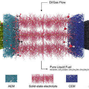 The system developed by Wang and co-workers applies a voltage across a solid electrolyte while CO2 gas is passed across. This results in the conversion of the CO2 into pure hydrocarbon fuels.