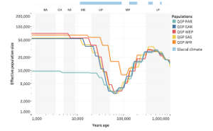 Effective subpopulation size over time. PAR = Peninsular Arabs, GAR = General Arabs, WEP = Arabs of West Eurasia and Persia, SAS = South Asian Arabs, AFR = African Arabs