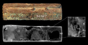 Animal coffin EA36167, surmounted by a lizard figure. Neutron imaging shows a lizard skull (inset). 