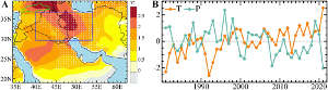 Figure 1. (A) Seasonal (May to July) temperature anomaly of 2021 (shading). White dots show regions where May to July temperature is greater than the 95th percentile and seasonal precipitation (January to April) is less than the 5th percentile in 2021. Green line shows the location of GAP development in Turkey. (B) Time series of regionally averaged temperature (T) and precipitation (P) anomalies divided by their standard deviation. 