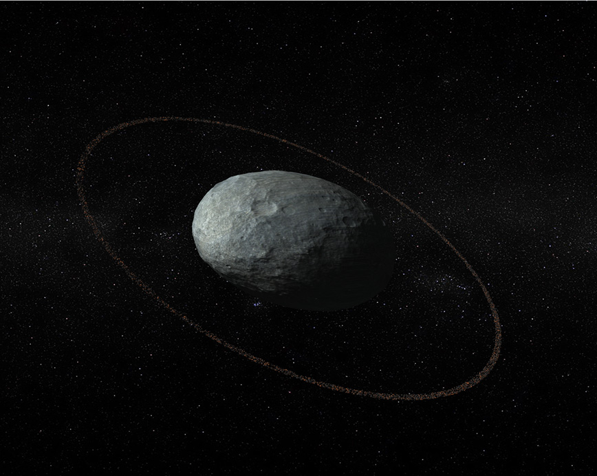 楕円形をした準惑星ハウメアとその環（想像図）。環はハウメアの中心から2287 kmの距離にあり、ハウメアの表面よりも暗い。