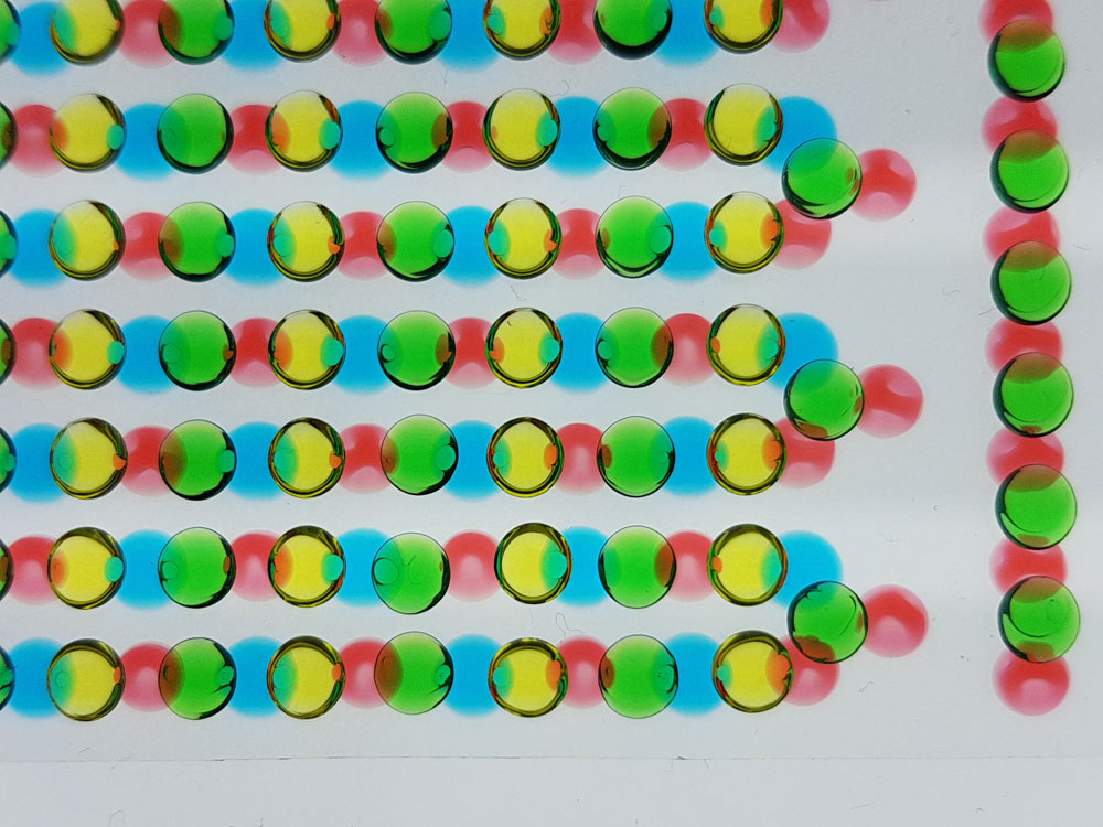 3Dバイオプリンターで印刷したヒドロゲルの液滴。塩分濃度の高いゲル（赤色）と低いゲル（青色）を1枚の基板上に、カチオン選択性のゲル（緑色）とアニオン選択性のゲル（黄色）をもう1枚の基板上に印刷した。これらを重ね合わせて画像のように液滴を互いに接触させると、イオン勾配により電圧が生じる。