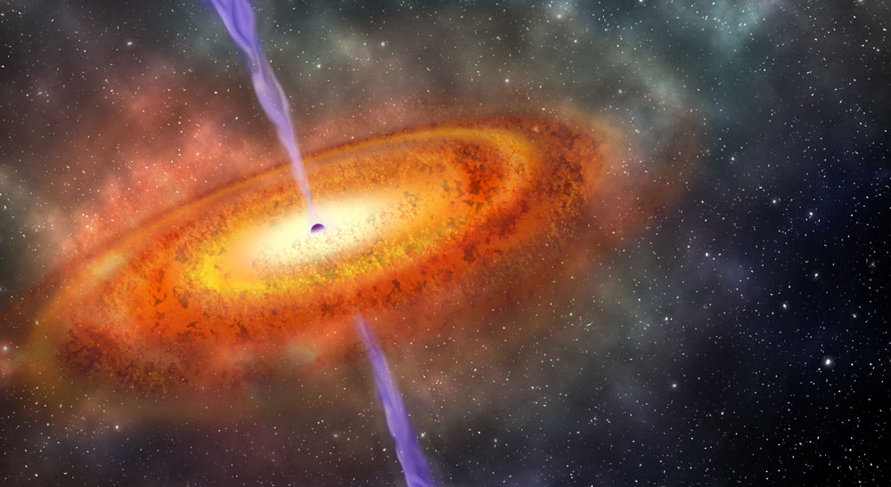 ビッグバンのわずか6.9億年後に相当する位置で見つかったクエーサーの中心にある、超大質量ブラックホールの想像図。